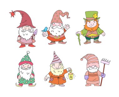 Şirin cüce karakterler. Peri masalı süslemeleri olan bir grup şenlikli cüce. Gri sakallı, neşeli, muhteşem, yaşlı adam. Noel cüceleri, Patrick Day 'in cüceleri.
