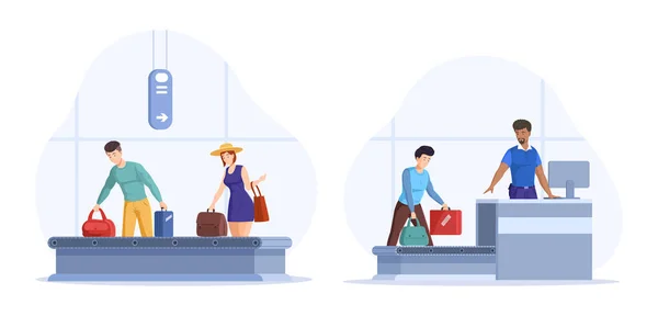 荷物空港のカルーセルにスーツケースやバッグを置く乗客 手荷物検査チェックポイントコンベアベルトの旅行男と女 空港X線検査セキュリティ漫画ベクトル — ストックベクタ