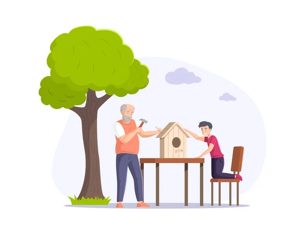 Grandfather Grandson Making Birdhouse Together Happy Family Building Wooden House — Stock Vector