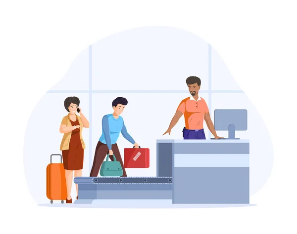 荷物空港のカルーセルにスーツケースやバッグを置く乗客 手荷物検査チェックポイントコンベアベルトの旅行男と女 空港X線検査セキュリティ漫画ベクトル — ストックベクタ