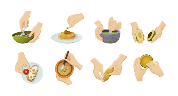 Menschliche Hände Bereiten Essen Kochutensilien Mit Suppe Eiern Gemüsesalat Schüssel — Stockvektor