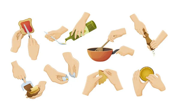 Ανθρώπινα Χέρια Ετοιμάζουν Φαγητό Μαγειρικά Σκεύη Σούπα Αυγά Χύνει Βούτυρο — Διανυσματικό Αρχείο
