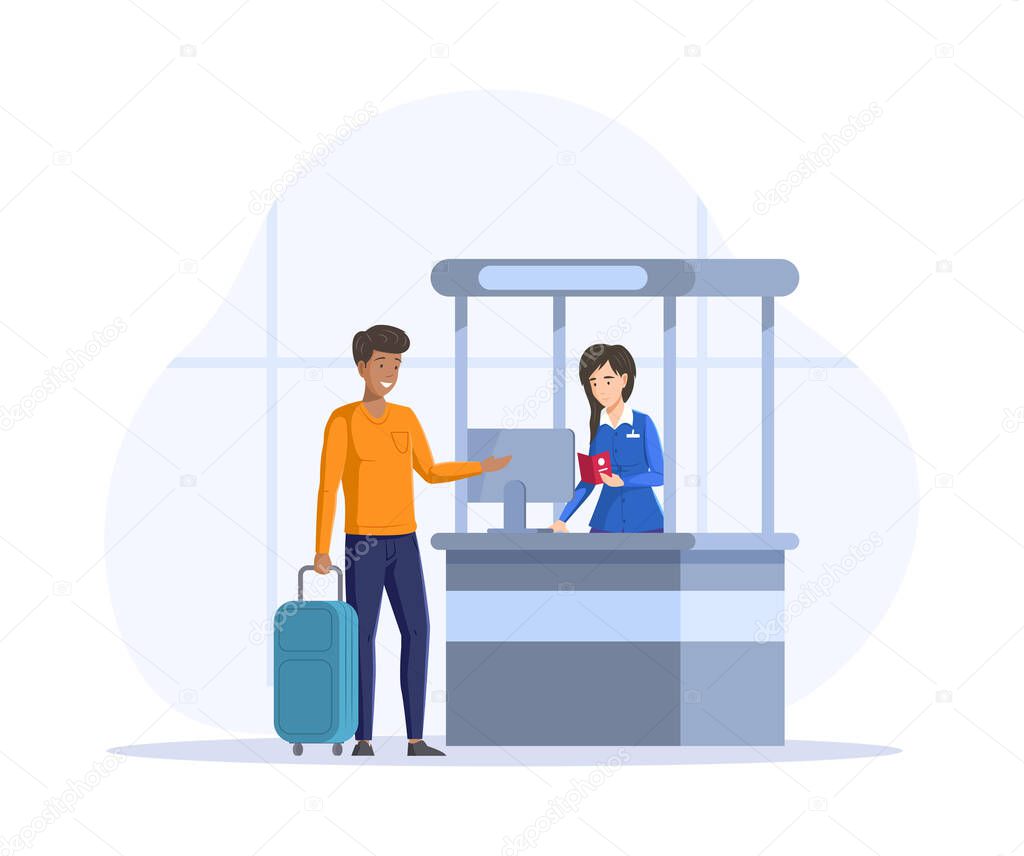 Man with luggage suitcases in queue to flight attendant behind airport check in counter, verification of documents for flight across border. Tourist before to flying departure at airport interior
