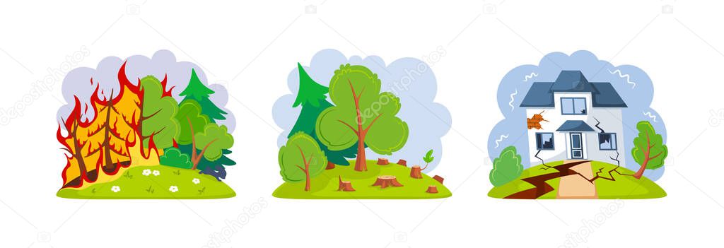 Natural disasters earthquakes, forest fires, deforestation. House cracked, shattered earth during earthquake. Landscape burning forest fires with burning trees. Empty glade with stumps cartoon vector