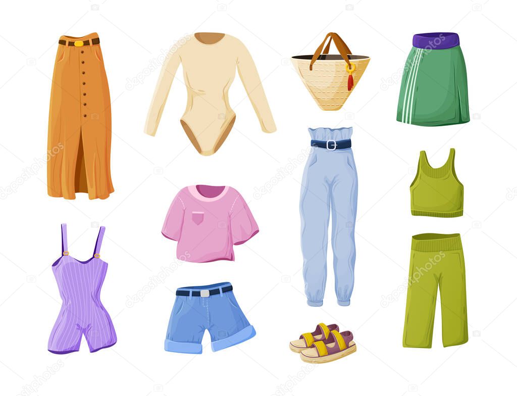 Set of female fashion summer apparel. Feminine clothes or woman wardrobe outfit casual street style. Clothing, accessories dress, shorts, pants, jumpsuit, dress, skirt, shirt, sandals cartoon vector