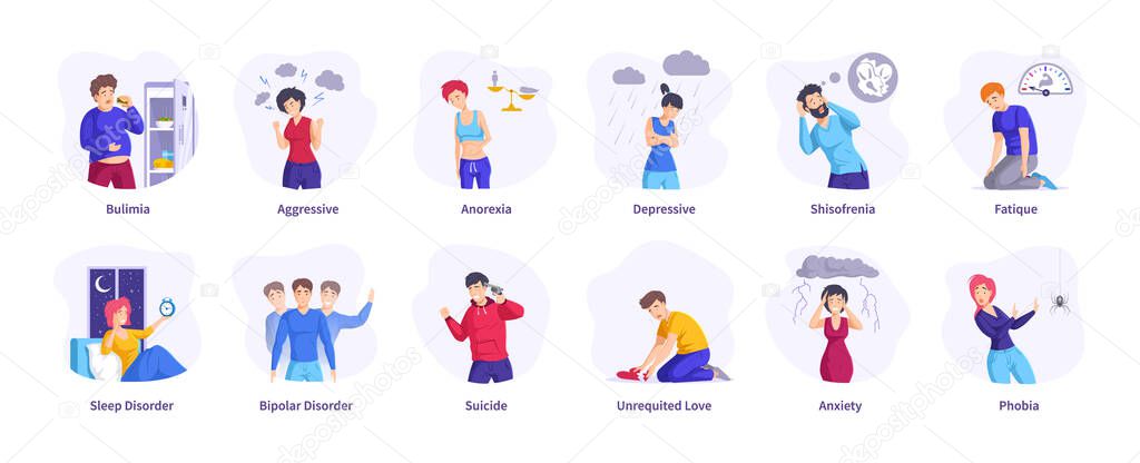 People mental states. Depression, anorexia, bulimia, sleep disorder, aggression, anxiety, phobia. Set of psychologic and psychiatry mental disorders and illnesses, emotional problem cartoon vector