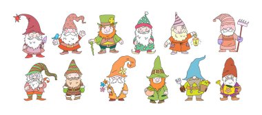 Şirin cüce karakterler. Peri masalı süslemeleri olan bir grup şenlikli cüce. Gri sakallı, neşeli, muhteşem, yaşlı adam. Noel cüceleri, Patrick Day 'in cüceleri.