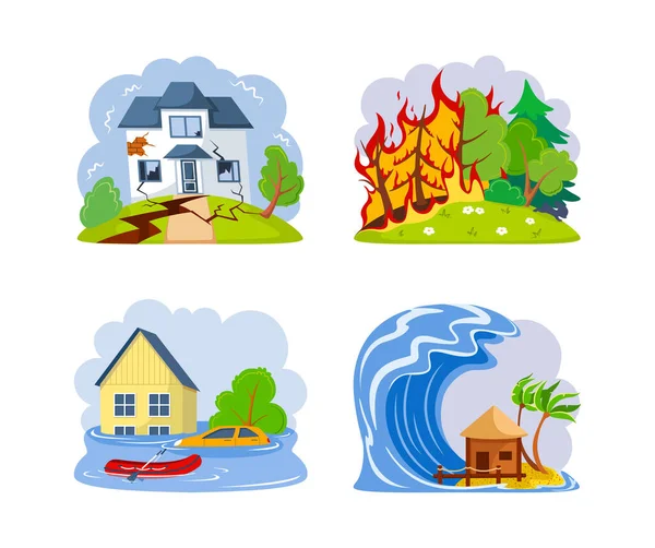 自然灾害 森林火灾 强而有力的自然灾害与雨 房屋破裂 森林大火与燃烧的树木 洪水与房屋病媒的破坏 — 图库矢量图片