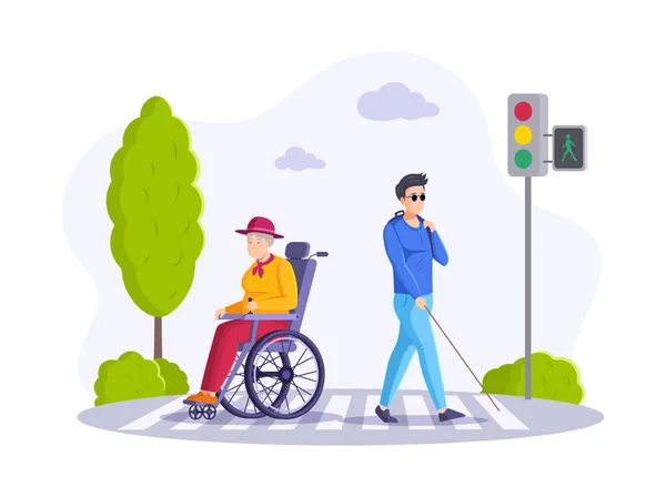 2人の障害者が道路を横断して歩く 横断歩道の信号で車椅子の盲人男性と高齢者の女性 高齢者や若い障害者の漫画のベクトルのコレクション — ストックベクタ
