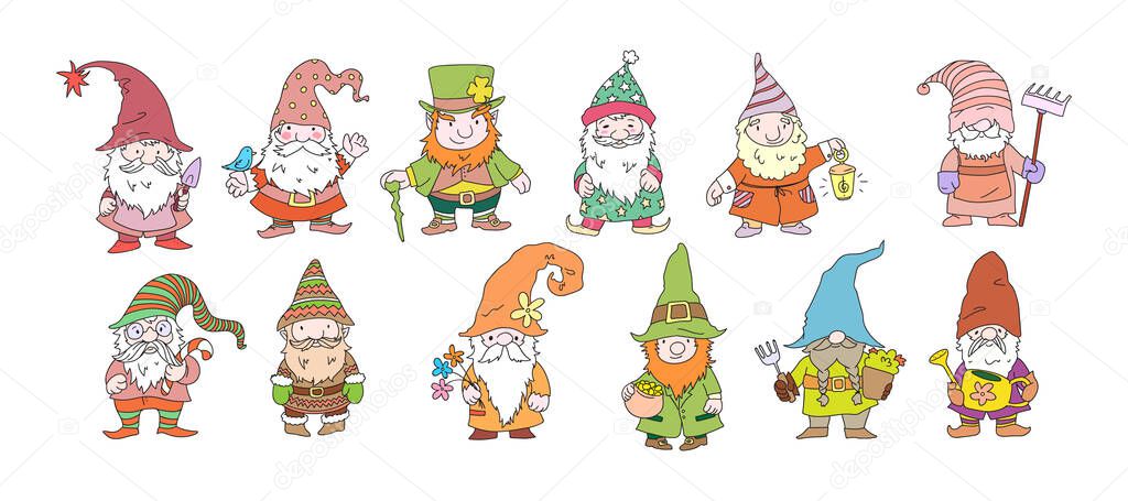 Cute gnome characters. Set of festive dwarfs with attributes fairy tale decoration. Funny festive fabulous elderly man with gray haired beard. Christmas gnomes, leprechauns for Patrick day flat