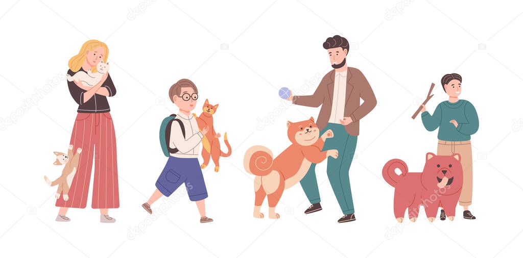 Set of different people pet owners. Diverse man woman children spending time with domestic animals. Playing, hugging, cutting, feeling love to cats and dogs. People and dogs friendship cartoon vector