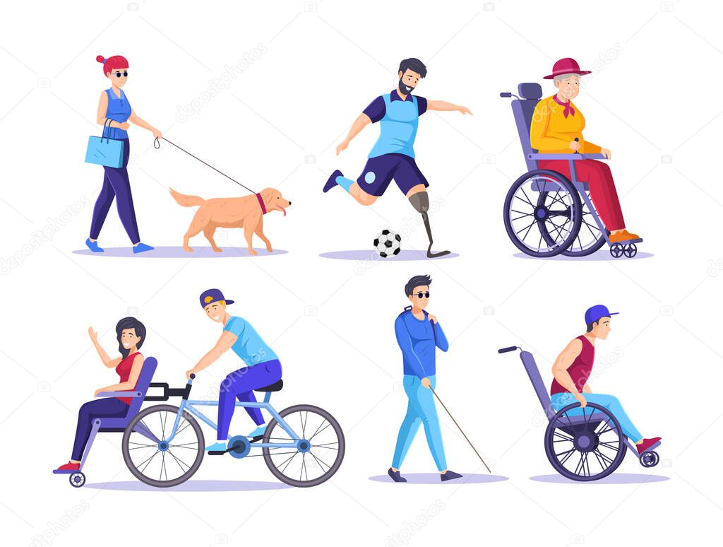 Collection of elderly and young disabled people. Handicapped man and woman performing sports and lifestyle activities. Blind, amputated legs, paralyzed limbs, physical injury, aging flat vector