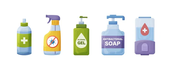 Set Antibakterielle Desinfektionsmittel Kunststoffspender Oder Sprühbehälter Medizinische Hygieneseife Gel Oder — Stockvektor
