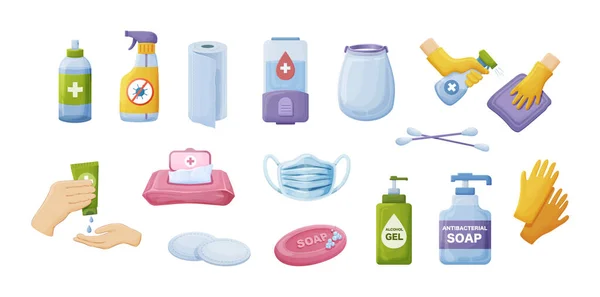 Σετ Προϊόντων Υγιεινής Προσωπικά Εργαλεία Καθαρισμού Πλύσης Αντιβακτηριακής Προστασίας Πρόληψης — Διανυσματικό Αρχείο