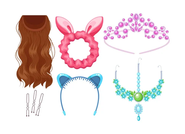 Set Feminine Hair Accessories Items Woman Hairdo Styling Hair Band — Stock Vector