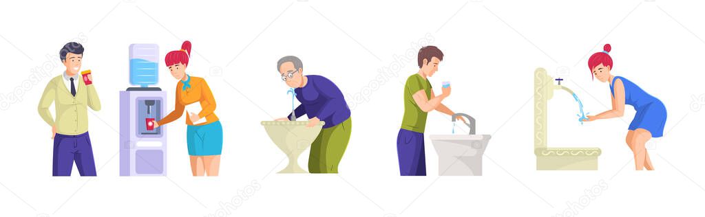 Set people different ages drinking water. Elderly, man, woman quench thirst with refreshing pure beverage. Person drink aqua from office cooler, public fountain, home plumbing, sink cartoon vector