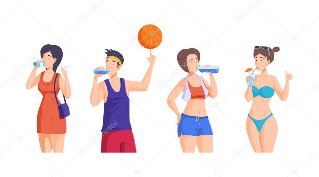 People drink water. Man woman feeling thirst enjoy pure beverage from glass, bottle. Sports persons tired after training with refreshing aqua bottle, girls in swimsuit and dress cartoon vector