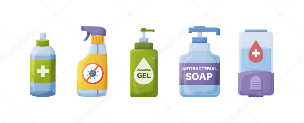 Set of antibacterial sanitizing product in plastic dispenser or spraying container. Medical hygienic soap, gel or lotion kill bacteria and stop virus. Coronavirus spreading prevention vector cartoon