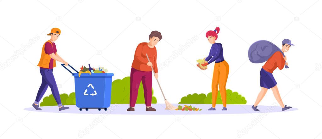Set of diverse people clean up garbage. Man woman children volunteers cleaning from waste, pickup into bags and containers. Waste collectors team and families collecting trash together cartoon vector