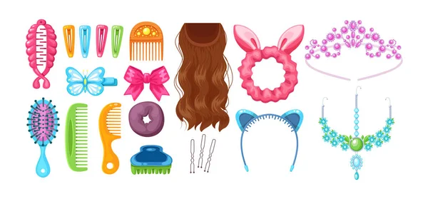 Set Feminine Hair Accessories Items Woman Hairdo Styling Elastic Bands — Vector de stock