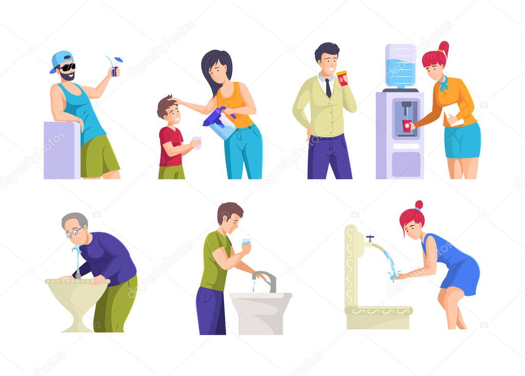 People drink water. Man woman feeling thirst enjoy pure beverage from glass, bottle, fountain, tap, filter. Sports person tired after training with refreshing aqua bottle, couple relaxing vector