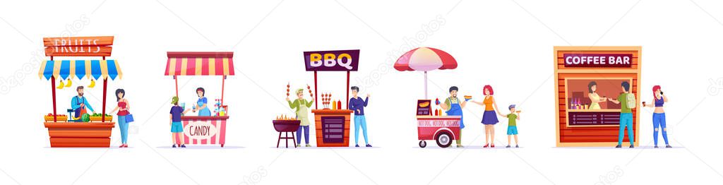 Collection street food kiosk marketplace. Outdoor trade local market with fruits, candy, bbq, hot dog and coffee bar to go. Booths with vendors and buyers at city takeaway meal festival vector cartoon