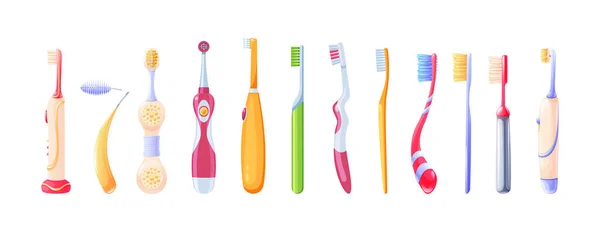 收集牙刷 儿童和成年人的牙科清洁工具 电动和手动牙齿卫生设备 牙科口腔保护与手柄毛 牙齿健康与美的载体卡通片 — 图库矢量图片