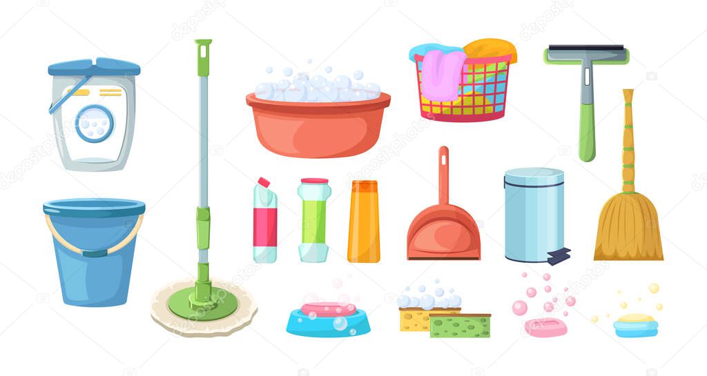 Cleaning accessories. Householding hygienic supplies tools for cleansing service. Rubber gloves, sponge, brushes, chemical detergents, mop, bucket, garbage container for washing cleaning office vector