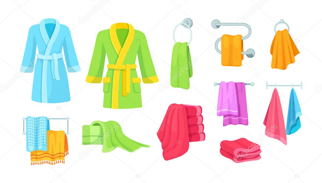 Set of bathroom clothes and towels. Different rolled, hanged comfortable fluffy tissue textile towels for drying after taking shower. Comfy domestic female or male cotton warm bathrobe cartoon vector