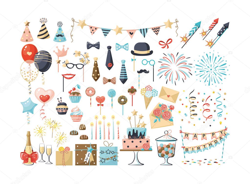 Set of birthday party decoration. Festive kit happy anniversary day rocket fireworks, balloons, gifts, flags, candles, gifts, champagne, carnival masks, sweet cake for celebrating holiday vector