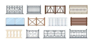 Set of balcony railing. Vintage modern home balconied facade or door entrance into private territory, terrace fences. Steel and wooden or glass and stone construction for fencing territory vector clipart