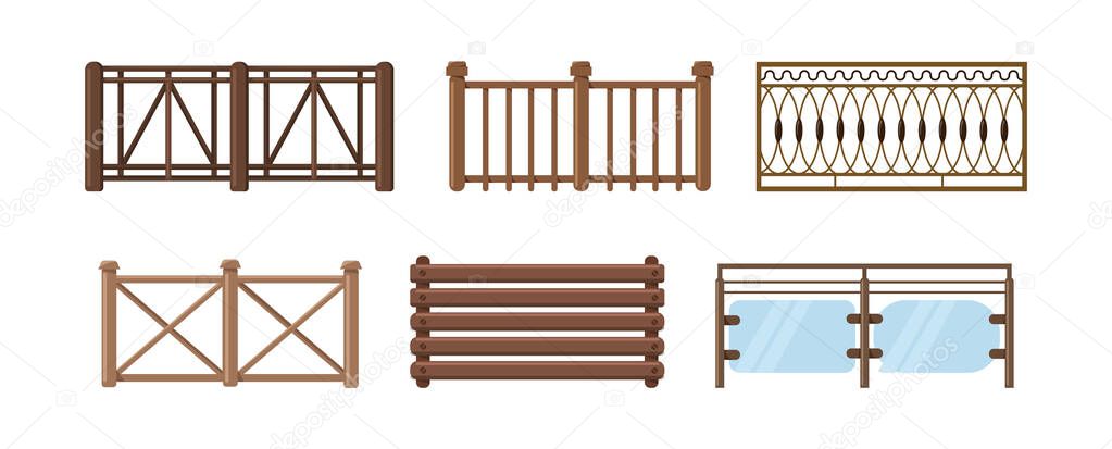 Set of wood balcony railing. Vintage modern home balconied facade or door entrance into private territory, terrace fences. Wooden or glass and stone construction for fencing territory vector