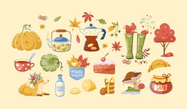 Çay saati sonbahar seti: fincanlar, çaydanlıklar, tatlılar, kruvasanlar, pasta, süt ürünleri, limon. Sonbahar çayı partisi, yiyecek ve içecek. Geleneksel sonbahar özellikleri sarı yapraklar, mevsimlik hasat, şemsiye, yapraklar