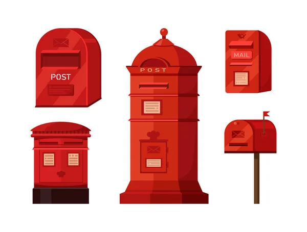 赤い英語のメールボックスセット 新聞配達のためのポストボックス 郵便サービスの出荷紙対応のためのレトロコンテナ 受信メール通信フラットベクトル — ストックベクタ