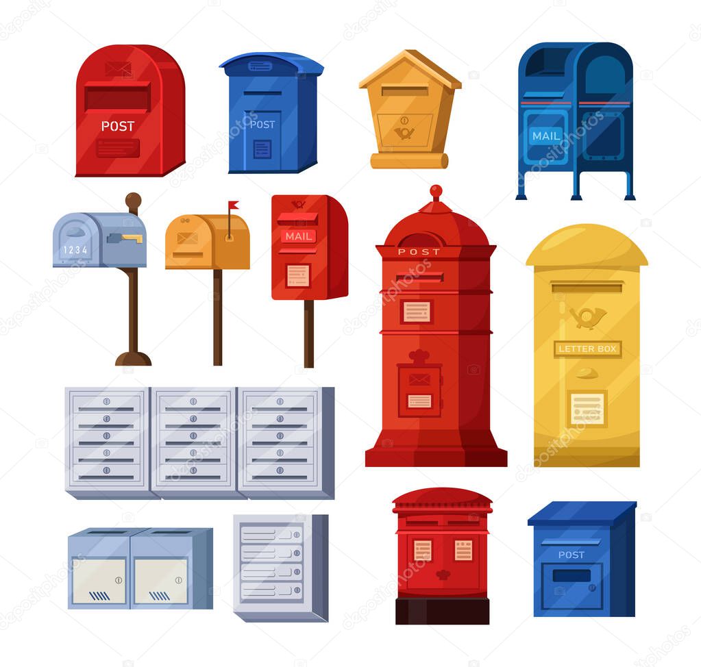 Isometric mailbox set. Postbox for paper letters newspapers correspondence delivery. Retro modern containers for post service shipment paper correspondence. Receive send mail communication flat vector