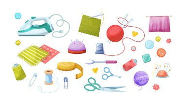 Dikiş aletleri ayarlandı. El işi hobisi, örgü, nakış malzemeleri. Dikiş, haç dikme, demir, makas, düğmeler, yün, örgü, yün, yün, örgü, iplik, metre, yüksük