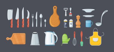 Yemek pişirme, metalik ve seramik mutfak çanakları için mutfak gereçleri. Mutfak gereçleri yemek pişirme aletleri, yemek pişirme malzemeleri, bardaklar, tabaklar, kaseler, bıçaklar, çatal bıçak, kaplar, kıyma makinesi vektörü.