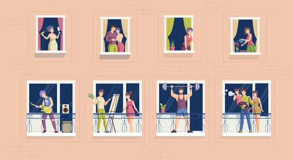 Lidé Tráví Čas Balkóně Nebo Dívají Okna Sousedka Rezidenčním Bytě — Stockový vektor