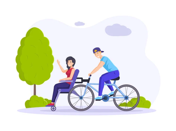 ダブルバイクで障害のある女性と男性 一緒に無効な自転車に乗って幸せなカップル 麻痺した足と健康な男性と女性過ごす時間で公園屋外レクリエーション活動フラットベクトル — ストックベクタ