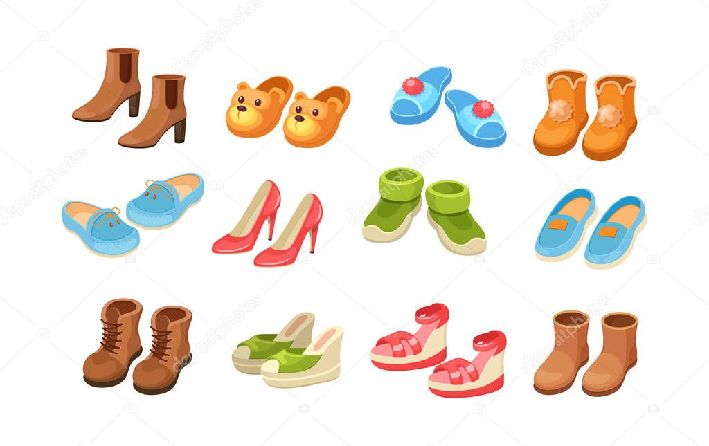 Set shoes. Comfortable kids and adult footwear for activity walking outdoor, domestic, beach recreation, doing sports. Footgear pairs, house slippers, sneakers, sandals, flip flops cartoon vector