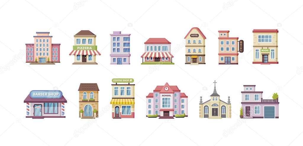Colored urban government, private and municipal building set. Different public place city architecture facades with windows and doors. Apartment house, hotel, library, store, cafe cartoon vector