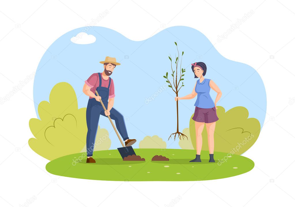 People enjoy gardening and planting. Harvesting farmer man and woman working on field or garden together. Gardener couple agricultural workers planting tree. Dig a hole in ground use shovel vector