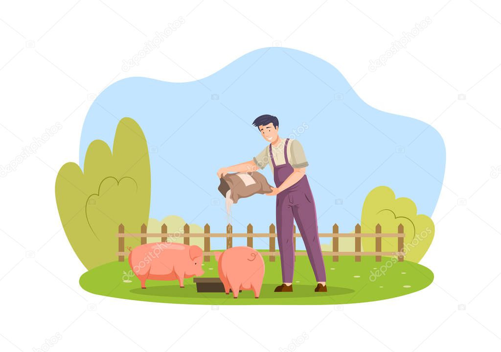 Happy male farmer in overalls feeding pig. Smiling man agricultural worker giving food to farm animals. Countryside rural lifestyle. Livestock farming, animal husbandry, pigs breeding cartoon vector