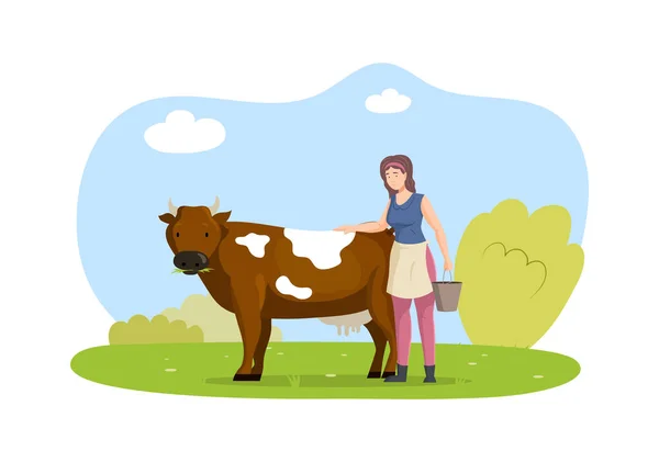 Glückliche Bäuerin Mit Kuh Lächelnde Landarbeiterin Milchmädchen Mit Eimer Milch — Stockvektor