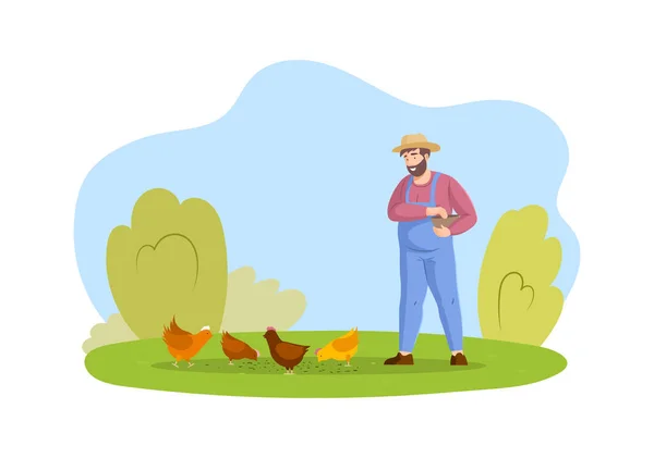 Feliz Granjero Con Monos Alimentando Gallinas Hombre Sonriente Trabajador Agrícola — Vector de stock