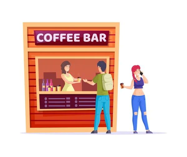 ストリートフードキオスク市場 コーヒーバーと屋外貿易地元市場 すぐにテイクアウトの食事カフェキオスク 男と女の子ラインのために熱いですコーヒーベクトル漫画 — ストックベクタ
