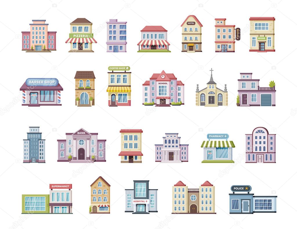 Colored urban government, private and municipal building set. Different public place city architecture facades with windows and doors. Apartment house, hotel, library, store, cafe cartoon vector