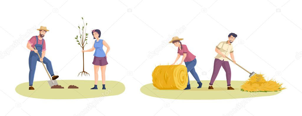 People enjoy gardening and planting. Harvesting farmer man and woman working on field or garden together. Farmers hay harvesting, couple agricultural workers planting tree cartoon vector