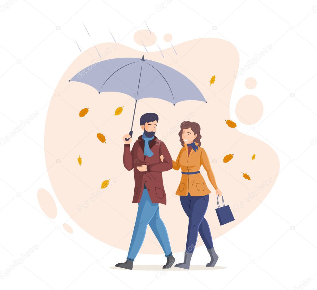People in fall, enjoying autumn activity. Couple walking together with an umbrella in rain and falling autumn leaves. Happy loving married couple walking on rainy day and talking cartoon vector
