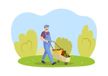 Çiftçi, sonbahar hasadı için odun el arabasını itiyor. Organik sebzeli, karpuzlu, kabaklı, havuçlu insan ve el arabası. Kırsal yaşam tarzı çizgi film vektörü